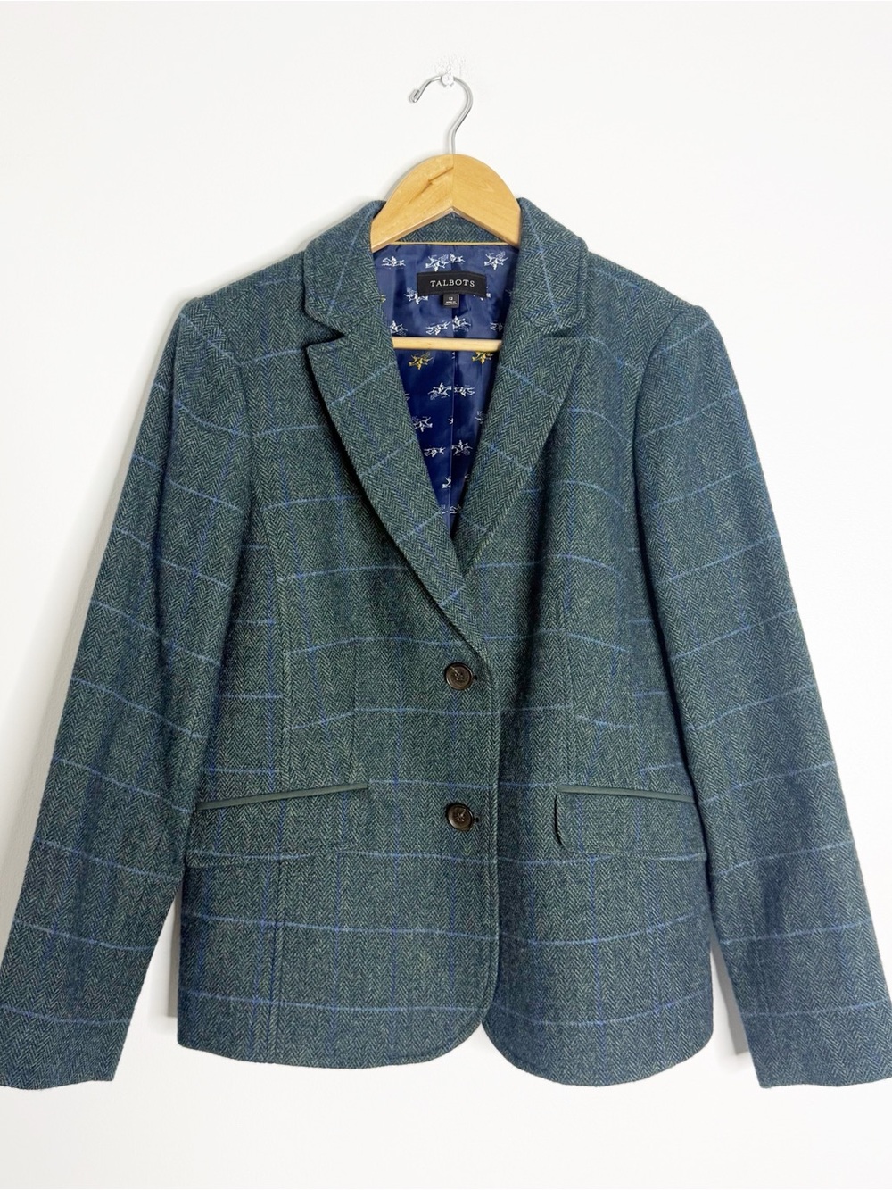 Talbots Wool Blend Plaid Blazer Size 12 Green Blue Equestrian Lining